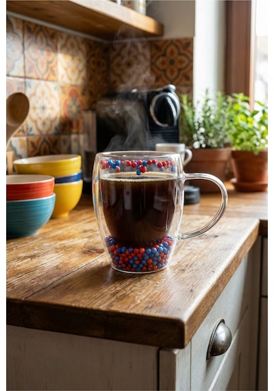 Makri Home Çift Cidarlı Bordo Mavi Cam Kupa 350 Ml Isıya Dayanıklı Şeffaf