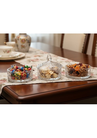 Elta Collection 3 Katlı Kristal Cam Şekerlik Lokumluk, Kurabiyelik, Çerezlik, Sunumluk Beyaz