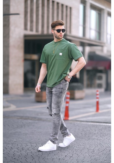 Madmext Haki Oversize Cep Detaylı Erkek Tişört 7001-haki Haki