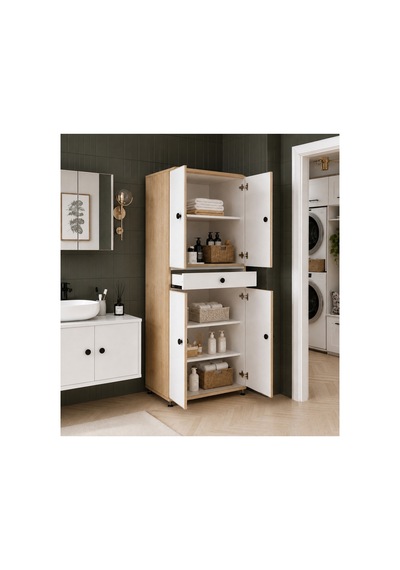 Ahşap Detaylı Banyo Dolabı Beyaz