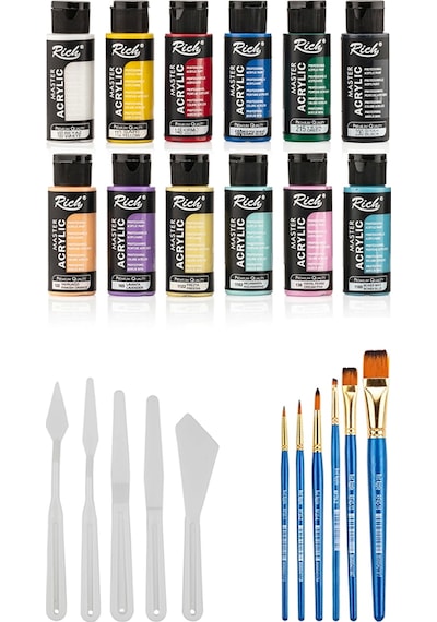 Mastermix Akrilik Boya Seti 60 Cc 6 Ana Renk 6 Pastel Renk Plastik Spatula Seti Akrilik Set Çok Renkli