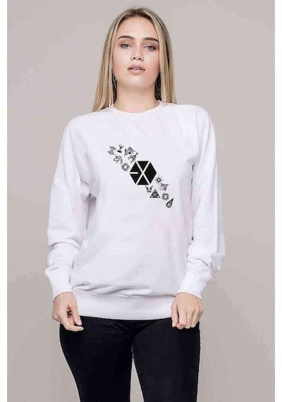 Exo Signs Music K Pop Koreli Baskılı Beyaz Kadın Sweatshirt