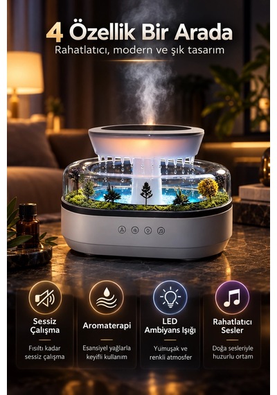 Castu 286 Raindrop Yağmur Damlası Efektli Aroma Difüzör Beyaz Gürültü Sesli Led Işıklı Hava Nemlendi