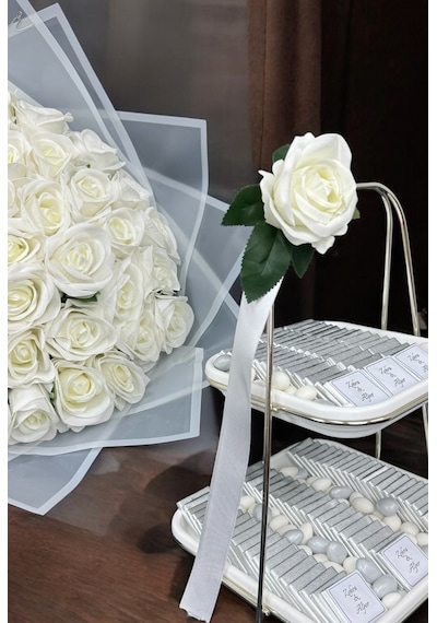 Fern Kız İsteme Çikolatası Ve İsteme Çiçeği Buket Set Gümüş Gümüş