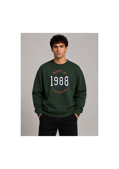 Herkesemoda 1988 Baskı Detaylı Bisiklet Yaka Şardonlu 2 İplik Sweatshirt Yeşil