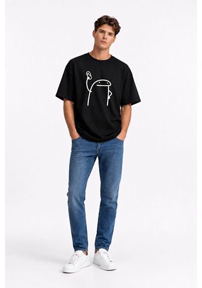 Nevermind Komik Terlik Fırlatan Çöp Adam Çift Tişörtü Oversize Unisex Sevgi Siyah