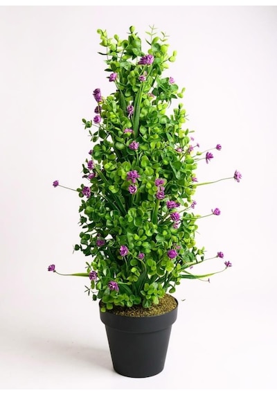 Yapay Çiçek Siyah Saksıda Mor Lotuslu Yeşil Şimşir Ağacı 70 30cm Mor