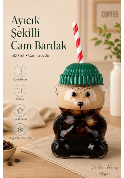 Tilbe Home Ayıcık Şekilli Cam Su Matarası 600 Ml Beyaz Pipetli Kapaklı Suluk Soğuk İçecek Kokteyl Bardağı Sevim
