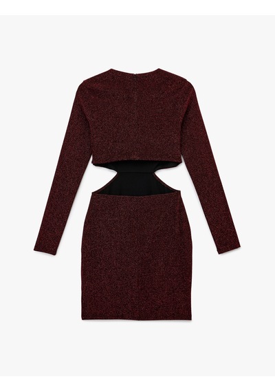 Koton Uzun Kollu Bisiklet Yaka Simli Pencere Detaylı Mini Elbise Bordo 6wal80004ık Bordo