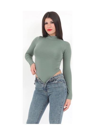 Giysa Kadın Haki Balıkçı Yaka Uzun Kollu Esnek Çıtçıtlı Zıbın Body - 2441 Haki