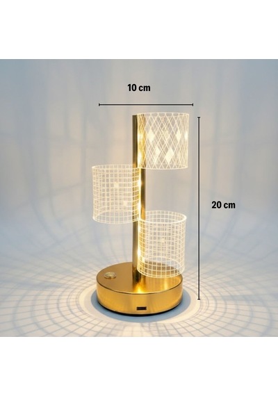 Buffer 3 Parça Silindirik Kristal Ekose Kareli Led Masa Lambası Gold Gövdeli, Dokunmatik, Çok Renkli