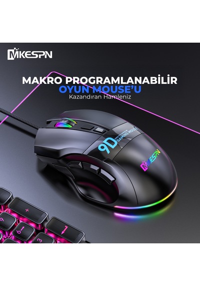 Mkespn X10 Rgb Gaming Mouse 12800 Dpı 9 Tuş Makro 1000hz Siyah Diğer