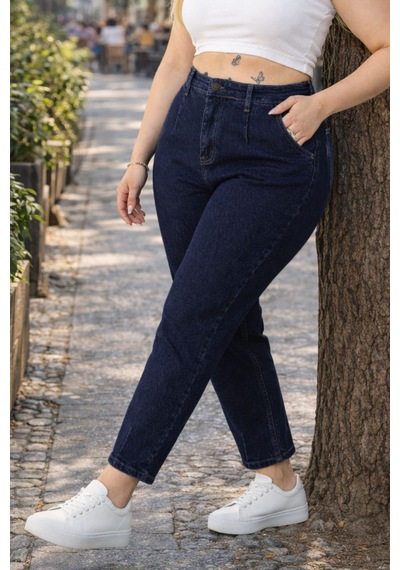Cedy Denim Mom Fit Jean Büyük Beden Yüksek Bel Carrot Kesim Dar Paça Pileli Esnek Kot Pantolon C600 Lacivert