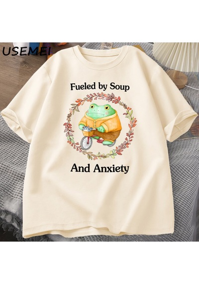 Flood Of Style Komik Kurbağa Grafik T-shirt Çorba Ve Anksiyete T Shirt Erkek Kadın Rahat Zihinsel Tshirt Mod Haki