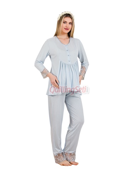 Lady Dantel Detaylı 33204 Uzun Kol 2 Parça Lohusa Hamile Pijama TakımıBebe Mavi Renkli