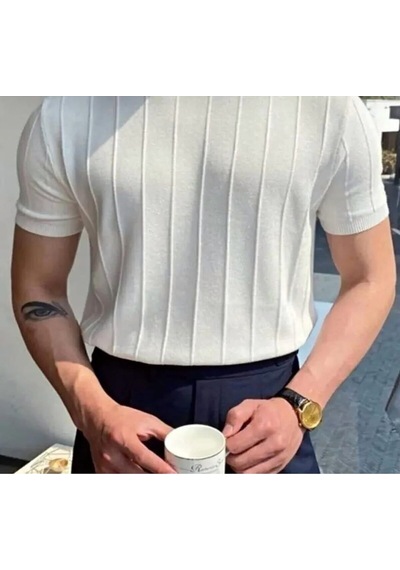 Erkek Slim Kısa Kollu Triko Tişört Yazlık Basic Beyaz