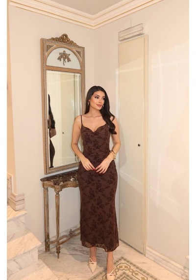 Kechi Woman Tül Baskılı Askılı Elbise Kahverengi