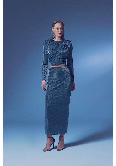 Sateen Simli Midi Etek - Antrasit-135383 Antrasit