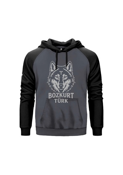Beyaz Çizgisel Kurt Başı Bozkurt Türk Yazılı Baskılı Gri Renk Reglan Kol Sweatshirt Kapşonlu