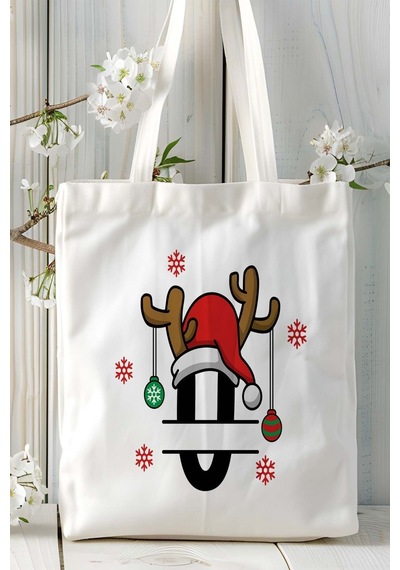 Art Hediye U Harfi Yeniyıl Hediye Noel Christmas Baskılı Bez Omuz Çantası Çift Taraflı Kişiye Özel Model 25 Çok Renkli