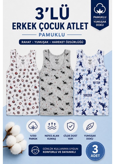 Modare 3lü Erkek Çocuk Pamuklu Atlet Erkek Çocuk Desenli Atlet İç Çamaşırı