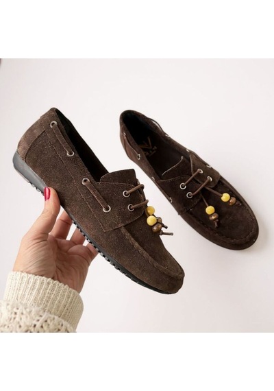 Ne&ve Shoes Kahve Süet Hakiki Deri Boncuklu Makosen Kadın Kolej Loafer Kahverengi