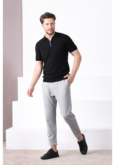 Ferraro Siyah Polo Yaka Fermuarlı Erkek Pamuk Triko T-Shirt-Siyah (490417671) Siyah