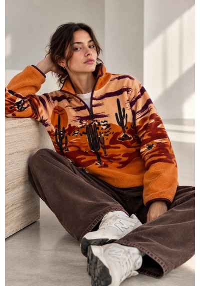 Bbbutikbasic Dik Yaka Yarım Fermuarlı Desenli Polar Sweatshirt My3535 Turuncu