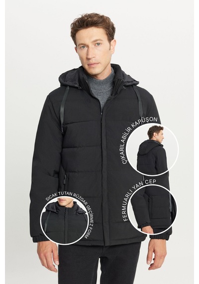 AC&Co / Altınyıldız Classics Erkek Sıyah Standart Fit Normal Kesim Dik Yaka Kapüşonlu Yan Cepli Casual Mont Siyah