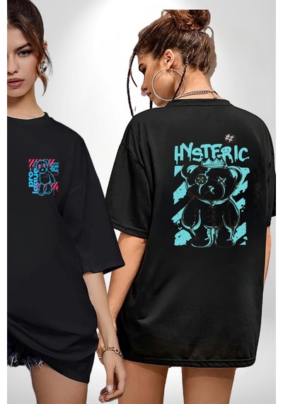 Histerik Siyah Oversize Unisex Ön Ve Sırt Baskılı Tişört Siyah