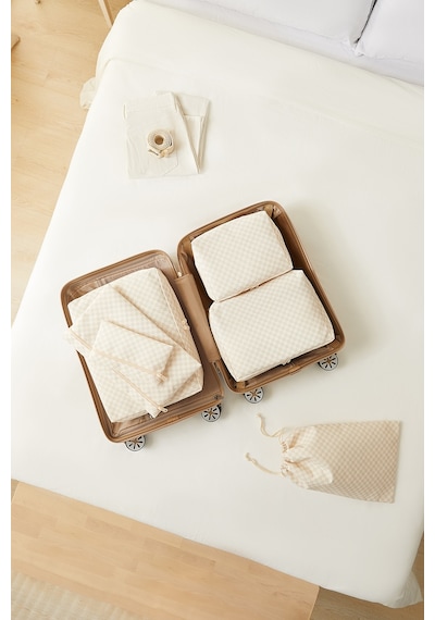 Ocean Home Textile 6'lı Yıkanabilir Bej Dama Desen Pamuklu Bavul İçi Düzenleyici Set Bej