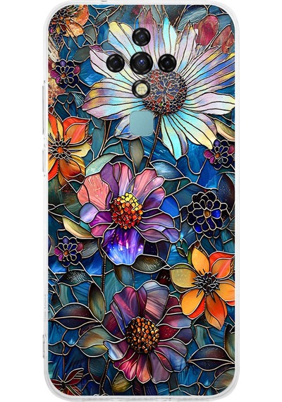 Printify Tecno Camon 16 İle Uyumlu Vitray Mücevher Flora Tasarımlı Şeffaf Silikon Kılıf Şeffaf