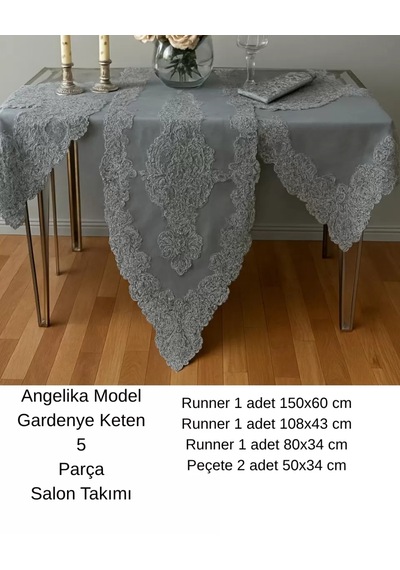 Salon Takımı 5 Parça Keten Dantelli Masa Örtüsü Runner Seti Angelika Model - Simli Gri Çok Renkli