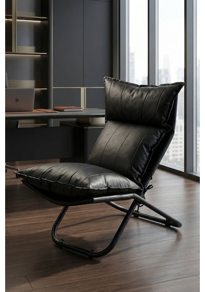 Lumis Garden Prestij Katlanabilir Deri Lounge Koltuğu Çıkarılabilir Kılıf, Modern Metal İskelet Siyah
