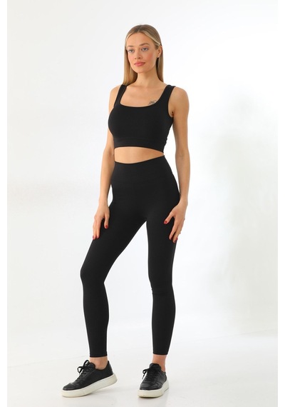 Kallima Siyah Toparlayıcı Yüksek Bel Fitilli Spor Tayt-crop Takım