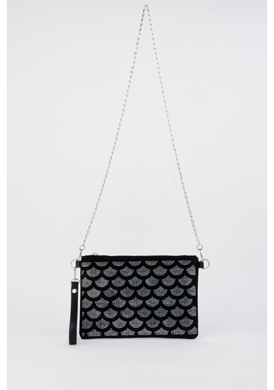 Vivaq Kadın Halka Gümüş Taşlı Süet Bilek Askılı Ve Zincir Askılı Portföy El Ve Clutch Çanta SİYAH