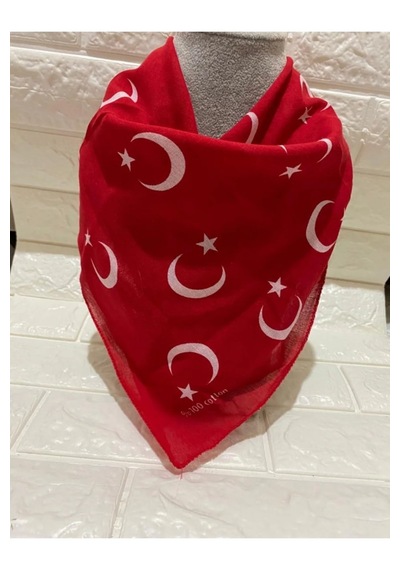 Ay Yıldız Kırmızı Türk Bayrağı Temalı Pamuk Kumaş Fular50x50 Kırmızı Gül