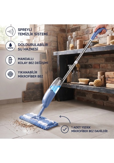 Spreyli Mop - Doldurulabilir Su Haznesi - Yedek Mikrofiber Bez Hediyeli Renkli