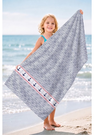 Çizgili Çapa Marine Plaj Havlusu - Lacivert Beyaz Nautical Modern Hızlı Kuruyan Mikrofiber Havlu Bulut Köpüğü