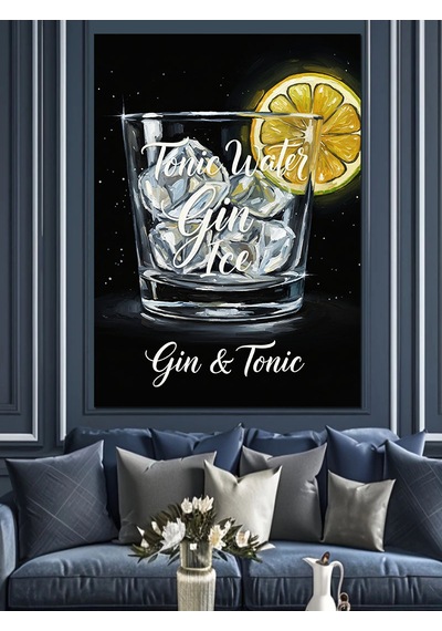 Ahşap Tablo Siyah Beyaz Cin Tonik Bardağı Sarı Limon Detaylı