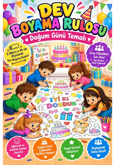 Doğum Günü Temalı Dev Boyama Kağıdı Boyama Rulosu Büyük Boy 5 Metre - 918531529
