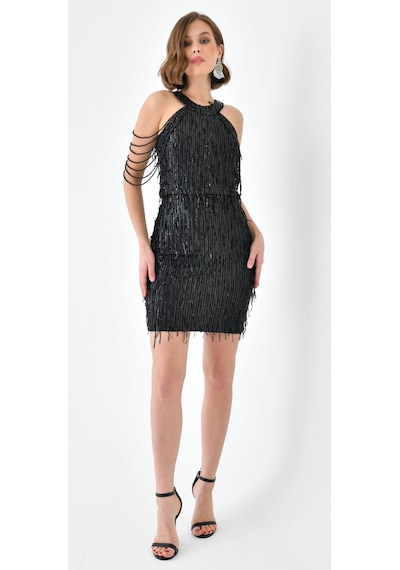 Hanife Glam Couture Hanife Glam Halter Yaka Taş Tasarımlı Saçaklı Pul Payet Mini Elbise Siyah