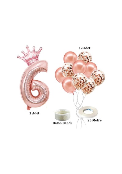 6 Rakam Rose Gold Folyo Balon, Kral Tacı Ve Konfetili Rose Gold Balon