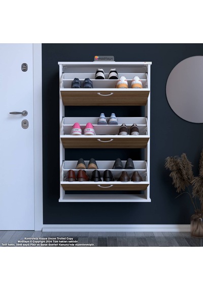 Modilayn Varbi Asma Antre Hol 72x115x26 Cm Lik 3 Düşer Kapak 6 Göz Bölmeli Ayakkabılık Beyaz - Meşe Modilayn Varbi Asma Antre Hol 72x115x26 Cm Lik 3 Düşer Kapak 6 Göz Bölmeli Ayakkabılık Beyaz - Meşe