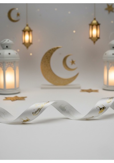 Ramadan Mubarak Yazılı Hediye Paketleme Kurdelesi, Altın Varaklı Saten Kurdele, 2.5cm X 5m, Krem Standart