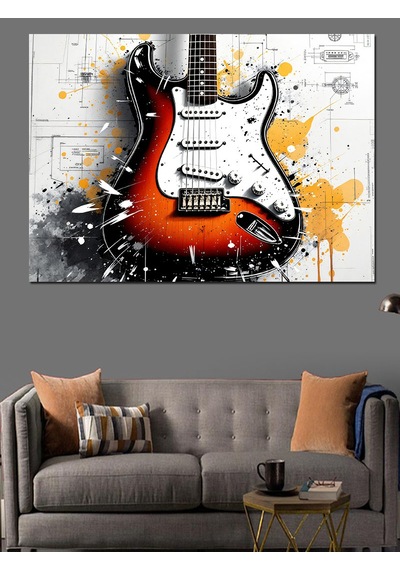 Soyut Renk Sıçramalı Elektro Gitar Dekoratif Kanvas - Mdf Ahşap Tablo