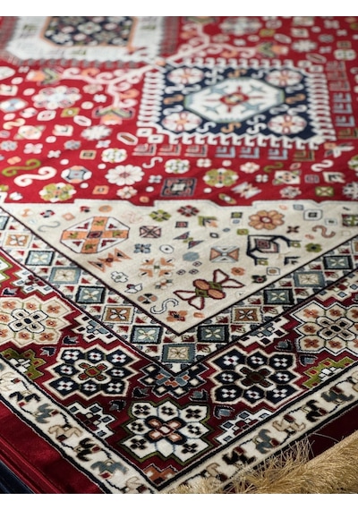 Asaryün Halı Ipek H4320 Bordo İpeksi Geleneksel Renkli Göbekli Klasik Desen Salon Halısı Modern Renkli