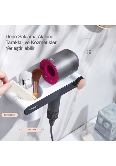 Ecoco Saç Kurutma Makinesi Tutacağı Ve Banyo Düzenleyici Beyaz