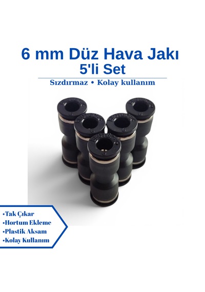 Pnömatik Düz Ekleme Jakı Hortum Birleştirici Rekor 4 - 6 - 8 - 10 - 12 Mm Seçenekli - 5'li Set 6 MM