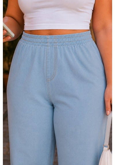 Cedy Denim Kadın Büyük Beden Yüksek Bel Palazzo Pantolon Yazlık İnce Kumaş Terletmez Likralı C633 Buz Mavisi